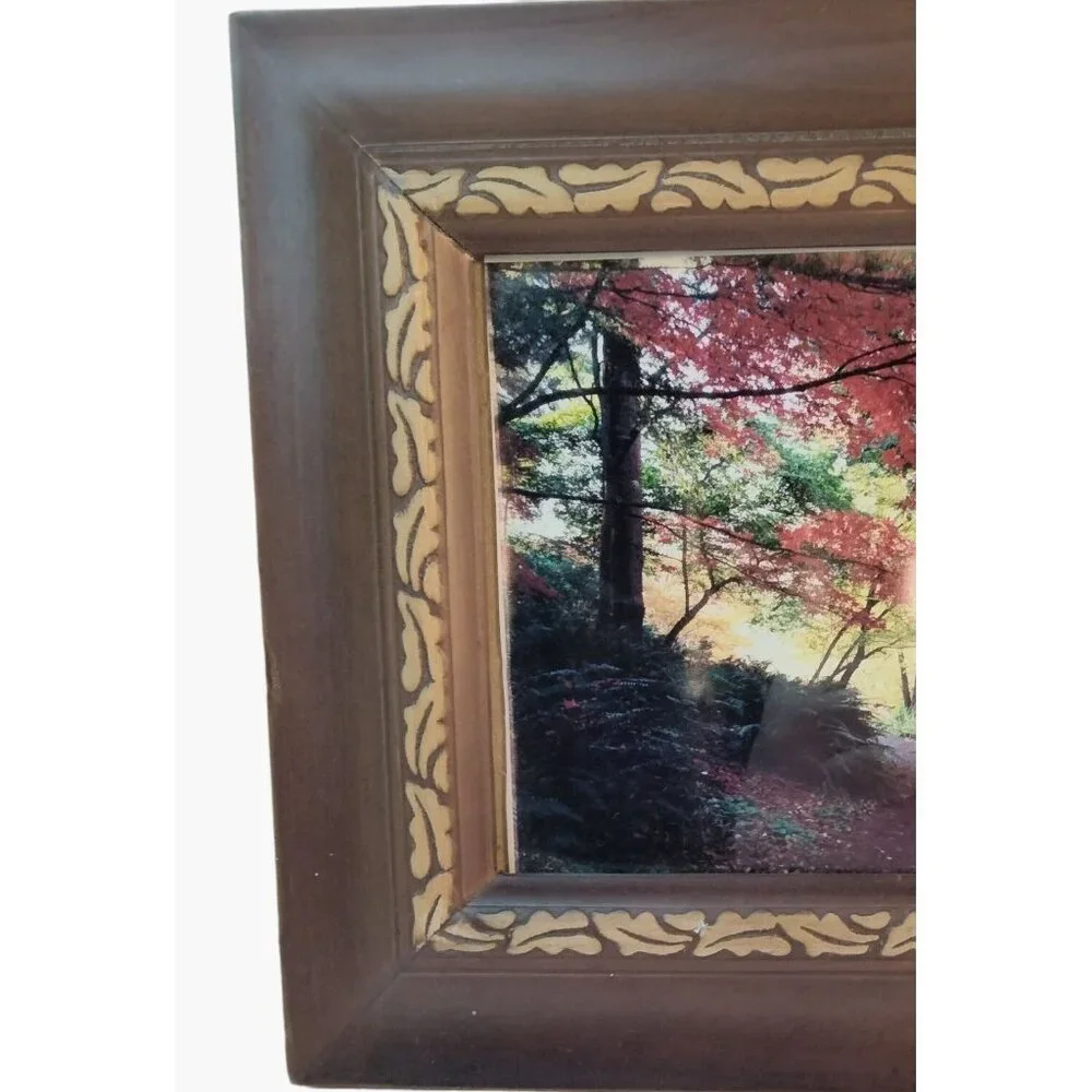 Autumn Pathway Photo Art Print Vintage Wooden Picture Frame Fall Foliage Leaf Co